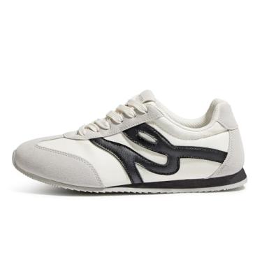 Imagem de LUCKY STEP Tênis feminino moderno, sola fina, leve, retrô, atlético, casual, com cadarço, tênis de caminhada, Bege/preto, 37
