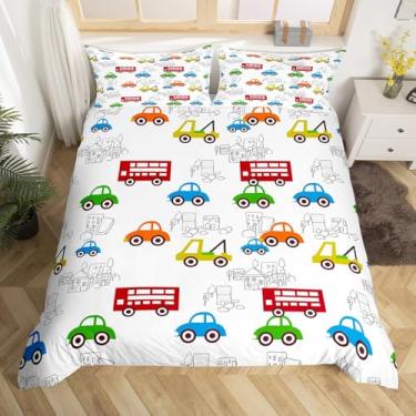 Imagem de Conjunto de capa de edredom de táxi com desenho de carro solteiro para decoração de quarto de meninos e meninas, capa de edredom de carros coloridos macios com 1 fronha, edredom não incluído
