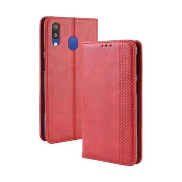 Imagem de Capa para Samsung Galaxy M20,Retro Flip magnético,Caso de telefone de couro PU,Design de carteira com 3 slots de cartão e 1 clipe de dinheiro -Red