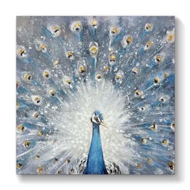 Imagem de Arte de parede em tela de cauda de pavão grande - Decoração abstrata de penas de pavão azul para quarto, sala de estar, escritório, pintura moderna, impressão sem moldura 76 x 76 cm