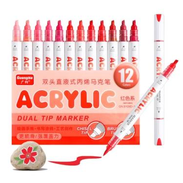 Imagem de kander Marcadores de tinta acrílica de ponta dupla de 12 cores, cor vermelha — conjunto de canetas de pincel extrafino e macio com fluxo direto de tinta para esboçar, detalhar, colorir em madeira