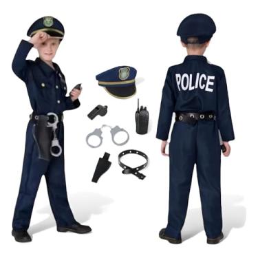 Imagem de Conjunto de Festa Fantasia Completa de Polícia Infantil Menino- 8 peças de vestido de policial para meninos luxo criança (M)