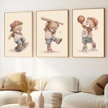 Imagem de Urso de pelúcia arte de parede em tela urso fofo pinturas esportivas arte neutra crianças animais berçário tela arte de parede imagens de bebê bonito pôsteres de animais para crianças bege decoração