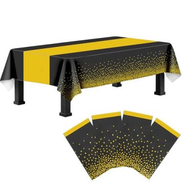 Imagem de 4 pacotes de toalhas de mesa descartáveis de plástico preto e dourado, toalha de mesa retangular estampada com caminho de mesa dourado para decoração de festa de aniversário de aposentadoria