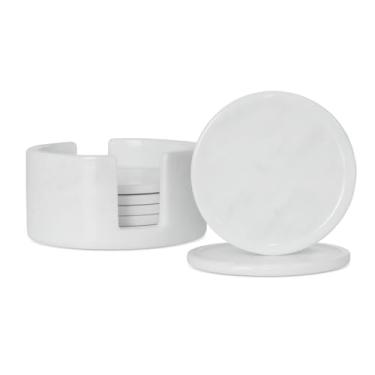Imagem de Conjunto de 6 porta-copos de mármore feito à mão com suporte | Porta-copos redondos de pedra de 10 cm para mesa de centro, decoração de jantar e cozinha, elegante conjunto de porta-copos branco para