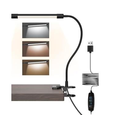 Imagem de JHD Luminária de mesa de LED com grampo – Luminária de mesa ajustável com 3 modos de cores, 10 níveis de brilho, luz de mesa com pescoço de ganso flexível para cuidados com os olhos USB para