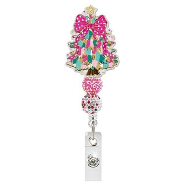 Imagem de Carretel de crachá de enfermeira de Natal, lindo suporte de crachá de árvore de Natal com clipe retrátil, contas de glitter, suporte de etiqueta de nome de enfermeira, bonito clipe de carretel de