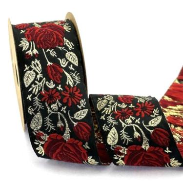 Imagem de Fita de tecido jacquard com fio metálico – 50 mm de largura, rolo de 10 metros | Acabamento decorativo 100% poliéster para costura, artesanato e projetos DIY (preto/vermelho)