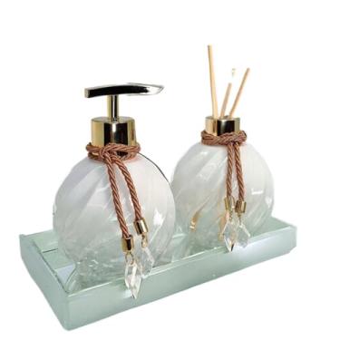 Imagem de Kit Lavabo Decorativo Completo Vidro 300ml | Saboneteira + Difusor + Bandeja - Decoração Elegante para Lavabo e Banheiro(Com Bandeja,Branco Degrade C/Dourado)