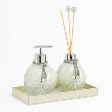 Imagem de Kit Lavabo Decorativo Completo Vidro 300ml | Saboneteira + Difusor + Bandeja - Decoração Elegante para Lavabo e Banheiro(Sem Bandeja,Branco Degrade C/Prata)