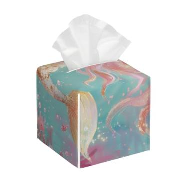 Imagem de Porta-lenços de couro quadrado à prova d'água sereia oceano bonito organizador de papel facial com cinto inferior cubo estojo de lenços para mesa, banheiro, escritório, mesa, carro, decorativo