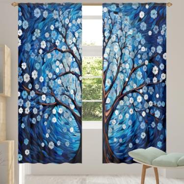 Imagem de 2 conjuntos de painéis de cortinas transparentes com pintura azul árvore, cortinas transparentes arejadas com filtro leve, painéis de cortina de porta e janela para sala de estar, quarto, jantar, 192