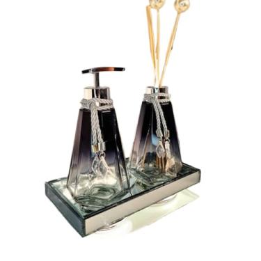 Imagem de Kit Lavabo Preto Branco Ambar Vidro 300ml Completo Com Bandeja Presente Chique Casa Nova Oferta(Com Bandeja,Preto Degrade C/Prata)