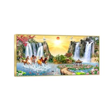 Imagem de Imagem em tela de paisagem de parede Chinoiserie - Cachoeira cavalo flores de lótus - pintura chinesa - impressões de moldura dourada para decoração de casa 70 x 140 cm 27 x 55 pol