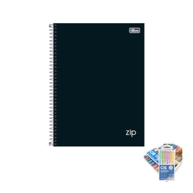 Imagem de Kit Caderno Universitário Capa Dura Zip Preto 10 Matérias + Caneta Trigel Metálica + Marca Texto Lumini Pastel