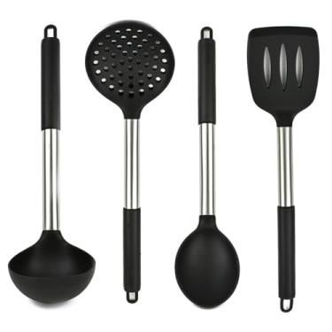 Imagem de Nakagawa Kit Utensílios de Cozinha Elegance, 4 Peças, Silicone Preto com Cabo Inox, Concha, Escumadeira, Colher, Espátula