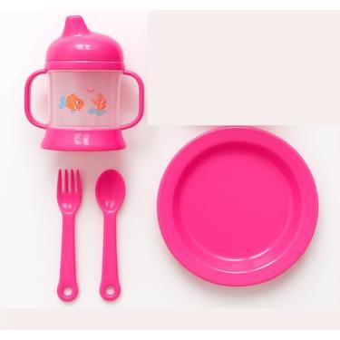 Imagem de Kit de Alimentação Infantil 3 Peças com Prato, Copo de Treinamento com Alças e Talheres, Plástico Livre de BPA, Design infantil, Rosa e Azul