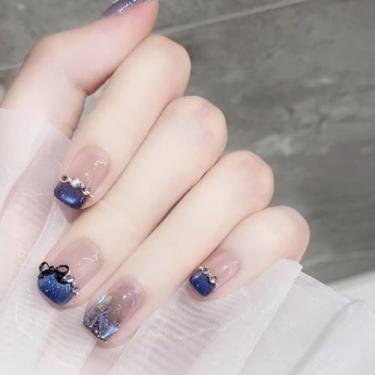 Imagem de Unhas postiças curtas curtas médias quadradas francesas olho de gato azul com laço 3D simples strass Desien cobertura completa cola acrílica falsa em unha para mulheres, 24 peças