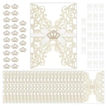 Imagem de Affrolling Conjunto de 25 capas de convite de casamento de 12 x 17 cm com corte a laser dourado com mini coroas e fitas de borboleta, cartões de glitter personalizados para casamento, noivado, chá de