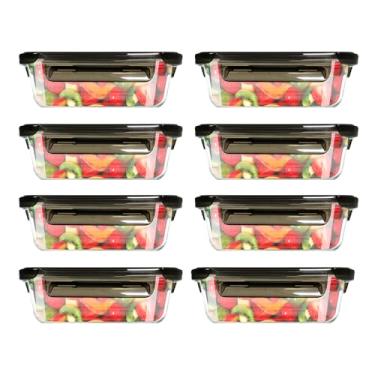 Imagem de AUXOM Kit 8 Potes de Vidro Hermético Retangular com Tampa, 680ml - Marmita para Comida com 4 Travas, Organizador Porta Frios e Mantimentos na Geladeira, Vai ao Microondas, Forno e Lava-Louças