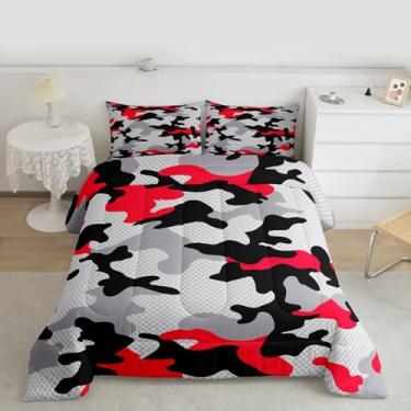 Imagem de jejeloiu Conjunto de edredom camuflado, tamanho casal, para crianças, meninos, meninas, estilo militar, edredom vermelho e preto, 3 peças com 2 fronhas
