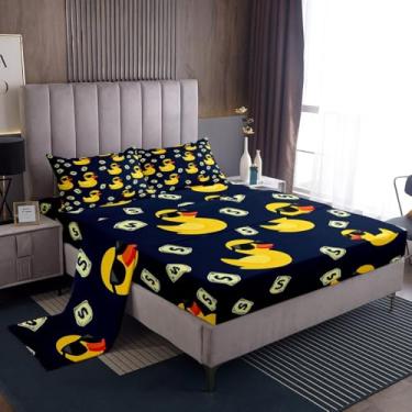 Imagem de Erosebridal Jogo de lençol solteiro com estampa de pato amarelo de borracha, 3 peças, estampa de dólar americano, lençol com elástico, lençol de cima, para mulheres, homens e adultos