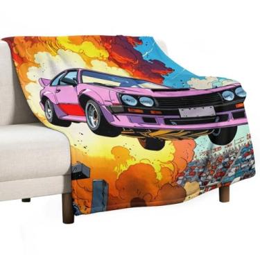 Imagem de HouLaiZhe Cobertor super macio de flanela retrô carros esportivos saltam sobre frescor explosiva cobertores leves de resfriamento para sofá-cama, cadeira, sofá, carro, viagem ao ar livre, leve, quente