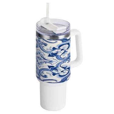 Imagem de Kigai Copo de 1,134 g com tampa e canudo, azulejos de cerâmica estilo mexicano, à prova de vazamento, durável, copo isolado de aço inoxidável com alça, garrafas de água à prova de derramamento para