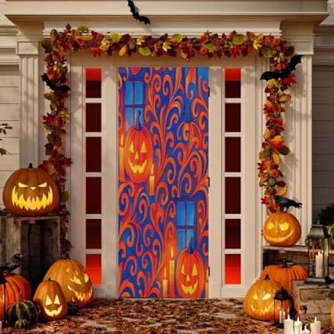Imagem de Wassud Decoração de capa de porta de cena de Halloween banner interno externo decoração de casa de varanda grande decoração de porta da frente 96 x 98 polegadas