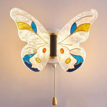 Imagem de Luminária de parede criativa em formato de borboleta com LED, 3 cores e intensidade ajustável. Estilo Tiffany, com interruptor. Luminária moderna para decoração de interiores, ideal para qua