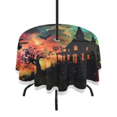 Imagem de CEBUGI Toalha de mesa redonda para uso ao ar livre, fundo de Halloween, impermeável, com furo Umberlla, capa de mesa lavável para pátio, cozinha, sala de jantar, 152 cm