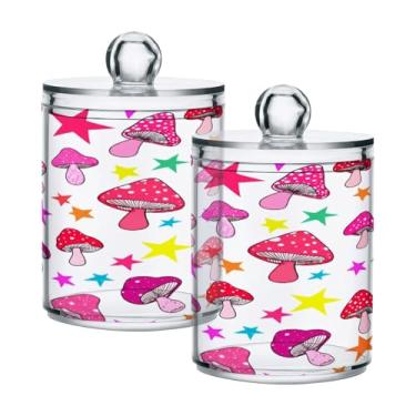 Imagem de STAYTOP 2 frascos de boticário Qtip para banheiro com etiquetas – Recipiente de armazenamento Qtip de plástico transparente acrílico para bola de algodão, cotonete, grão de café - cogumelo fofo de