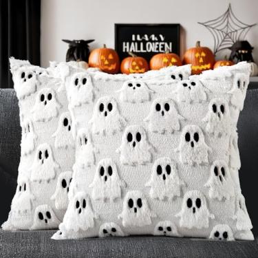 Imagem de MIULEE Conjunto de 2 capas de travesseiro de Halloween com estampa de fantasma branco, almofadas macias de pelúcia de lã sintética para decoração de casa, cadeira, sofá, quarto, sala de estar, 50,8 x