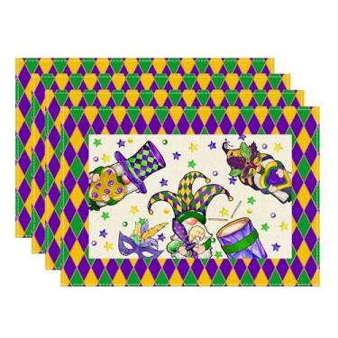 Imagem de XCHI Chapéus Gnomos Máscaras Fleur De Lis Mardi Gras Jogo Americano Conjunto de 4 Tapetes de Mesa de Carnaval para Festa de Máscaras Casa Cozinha Decorações de Mesa de Jantar 30 x 45 cm