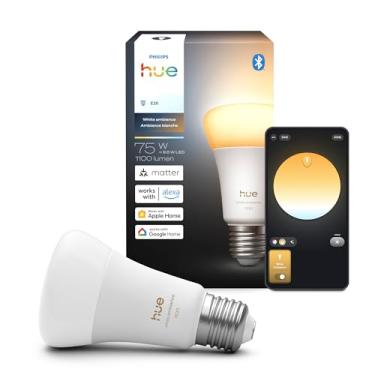 Imagem de Philips Hue Lâmpada LED inteligente A19, ambiente branco, base E26, 9,5 W, luz de espectro total 1000K-20000K, 1100 lúmens, regulável, funciona com Alexa, Google Assistant e Apple Home, 1 pacote