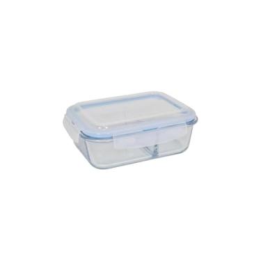 Imagem de Pote Hermético Retangular com Divisória, Vidro Borossilicato, 1040ml, Tampa Azul, para Alimentos, Micro-ondas e Freezer, 7x15x20cm