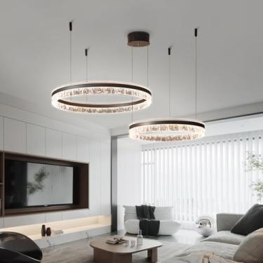 Imagem de Lustre moderno de alumínio com LED dimerizável e controle remoto, design elegante com anel marrom, luminária pendente grande para sala de estar, ajustável, redonda e em acrílico, ideal para