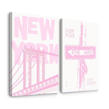 Imagem de Arte de parede rosa da cidade de Nova York vintage Nova York decoração de parede em tela moderna pôsteres minimalistas na moda ponte do Brooklyn imagens pintura arte para meninas sala de estar quarto