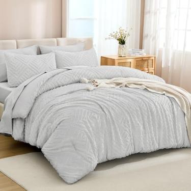 Imagem de Andency Conjunto de edredom tamanho queen extragrande com lençol cinza claro – 7 peças, cama em uma bolsa, tamanho Queen, boho, leve e adornado com edredom, lençóis, fronhas e fronhas