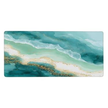 Imagem de Tapete de mouse grande e bonito em mármore turquesa à prova d'água com protetor de mesa estendido para computador, base de borracha antiderrapante para escritório, computador, teclado, laptop e mesa