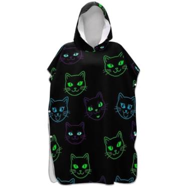 Imagem de Joisal Roupão preto para troca de gatos neon fofo para adultos, poncho de surfe, com capuz, leve, masculino, feminino, poncho com capuz