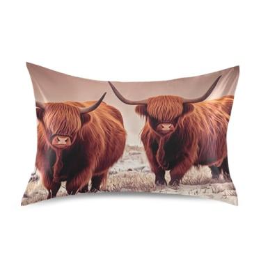 Imagem de Lindas fronhas Highland vaca gado marrom cetim engraçado arte fofa resfriamento padrão queen king size fronhas macias para cama tamanho padrão 66.0 cm x 50.8 cm