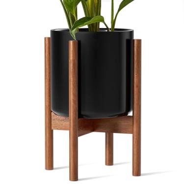 Imagem de LE TAUCI Vaso de 30,5 cm com suporte de madeira de acácia, vaso grande de cerâmica para interior com orifício de drenagem e plugue, suporte de planta moderno de meados do século para folha de violino