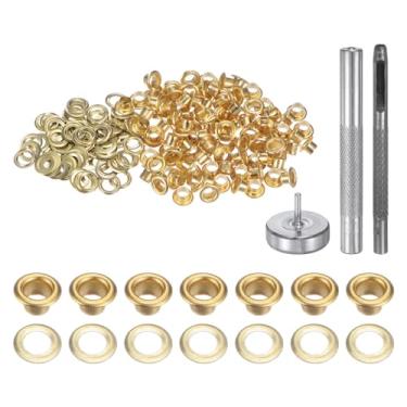 Imagem de HARFINGTON Kit de ferramentas de ilhós, 100 peças, conjunto de ilhós de cobre de 3,5 mm com furador oco, ferramentas de fixação de ilhós para roupas cinto de tecido de couro, tom dourado