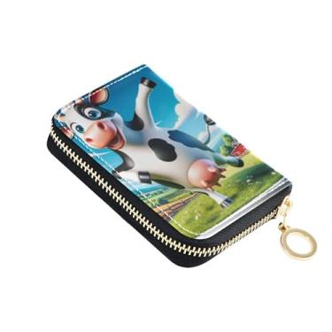 Imagem de Carteira feminina engraçada de vaca leiteira com zíper e bloqueio de RFID, carteira de cartão de crédito de couro fofo com zíper e porta-cartões e dinheiro