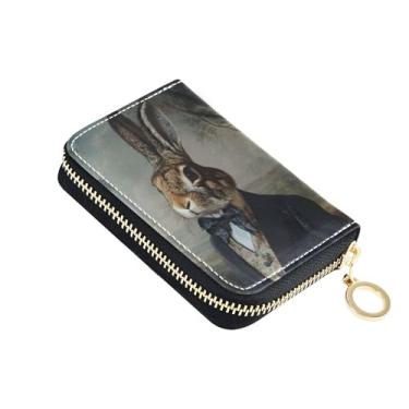Imagem de Carteira feminina com zíper fofa com porta-cartões, bloqueio de RFID, carteira de couro com zíper e bolsa de moedas, coelho, animal engraçado, vintage