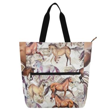 Imagem de GAIGEO Bolsa de trabalho feminina com estampa de animais e cavalos de corrida, bolsa de lona para escola de praia, bolsas infantis fofas para amantes de livros