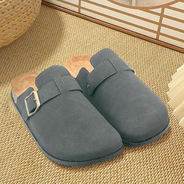 Imagem de Tamancos de camurça para mulheres, sandálias de poliuretano, palmilha de cortiça, chinelos sem cadarço para ambientes internos e externos, sandálias fofas clássicas com fivela ajustável cinza, Cinza