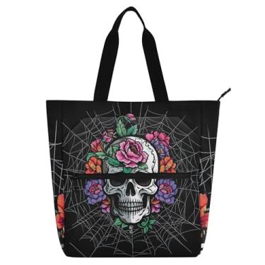 Imagem de Bolsas de trabalho pretas com estampa de flores de caveira para mulheres, bolsas de tecido de lona, faculdade, escola, professores, livros, presente para amantes de livros
