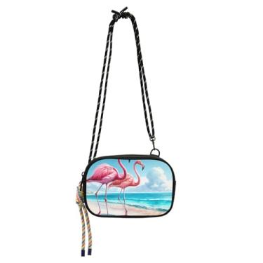 Imagem de TSENQUE Flamingo Beach Aquarela Pequena Bolsa Feminina Bolsa para Celular com Alça Sobre o Ombro Bolsas Mini Bonitas